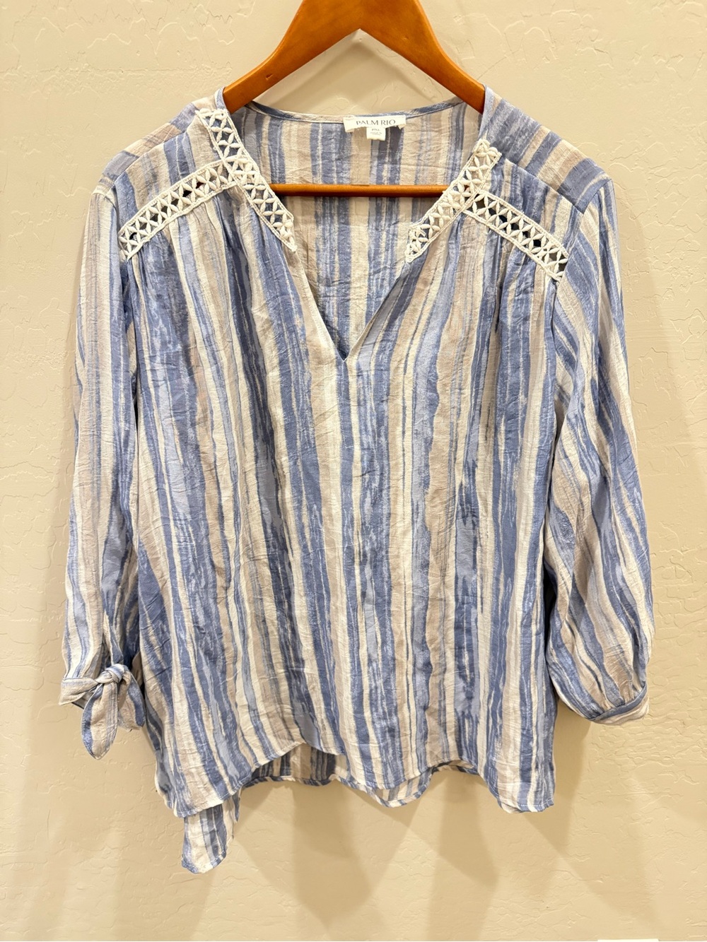 Palm Rio Blue & White Striped Crochet Trim Boho Blouse - Size PXL